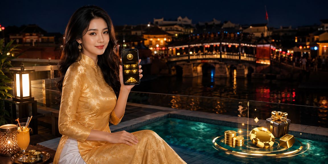 Người dùng Hội An mặc áo dài trải nghiệm casino app trên điện thoại